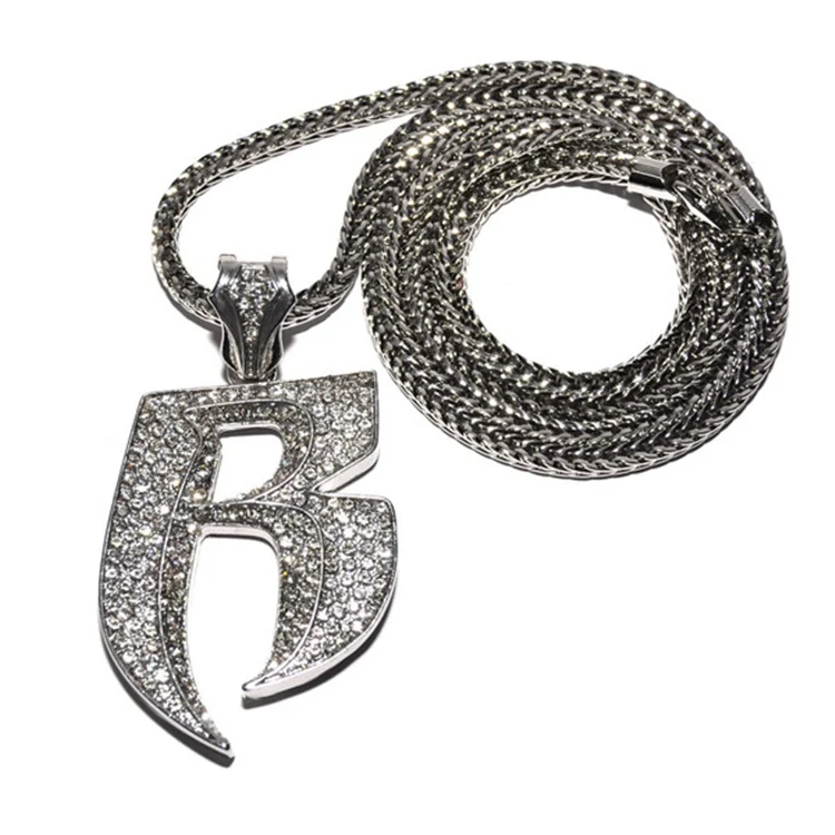 Hip hop fashion big iced Diamond letter r gold pendant necklace bulk stainless steel