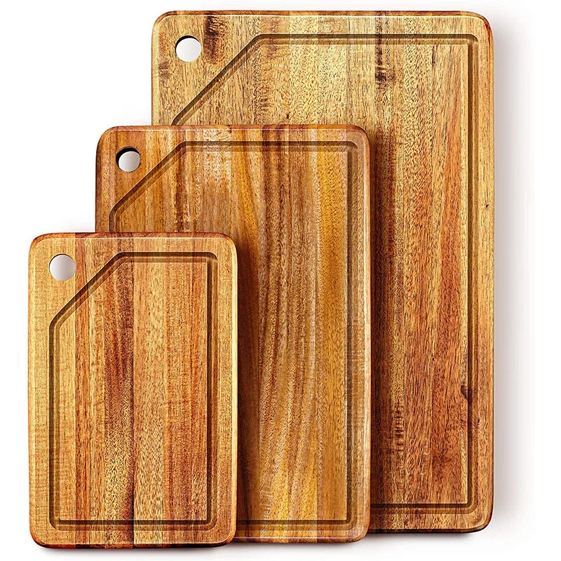 Acacia Wood Cutting Board (Set of 3) with Juice Grooves - Wooden Chopping Board for Meat, Vegetables, Fruit & Cheese