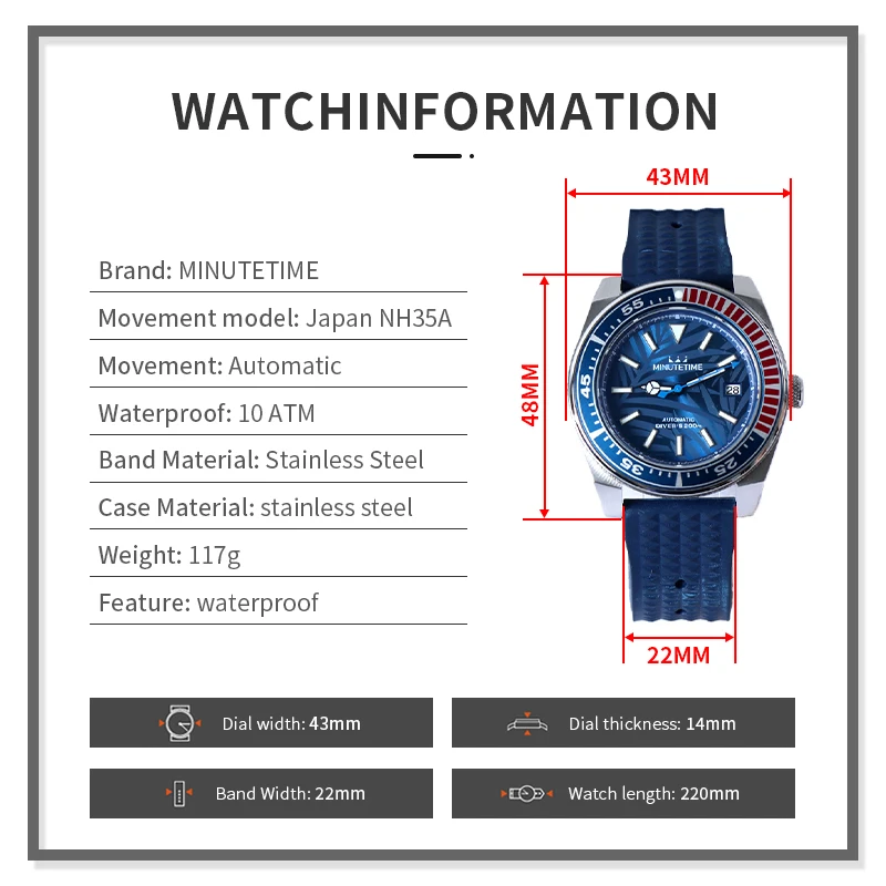 MINUTETIME Custom Logo NH35 Vintage Watch Mechanical Automatic Waterproof Watches MEN Samurai Blue Leaf Pattern Dial Wristwatch