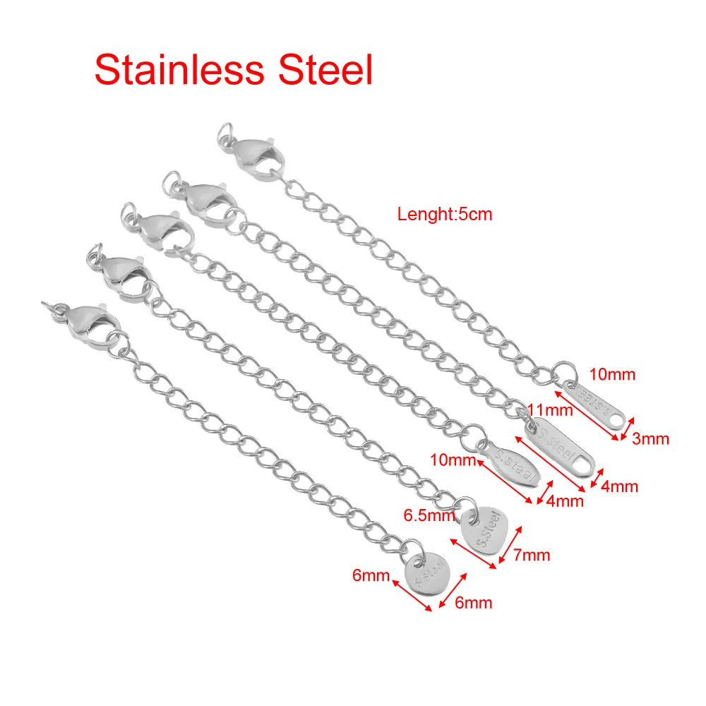 Wholesale Gold Plated Stainless Steel Extension Chains for Necklaces & Bracelets with Lobster Clasp and Various End Tags