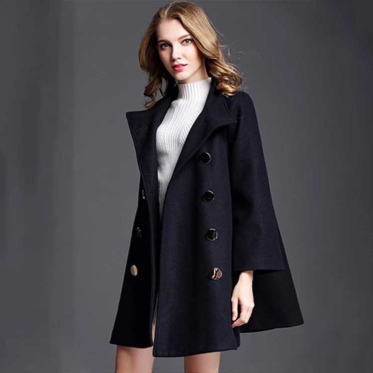 Lightly cooked style loose stand-up collar nine-point sleeves diagonal pockets double-breasted A-line skirt cloak woolen jacket