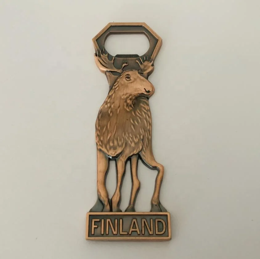 Free mold Finland metal reindeer shape fridge magnet wholesale cheap metal beer bottle opener