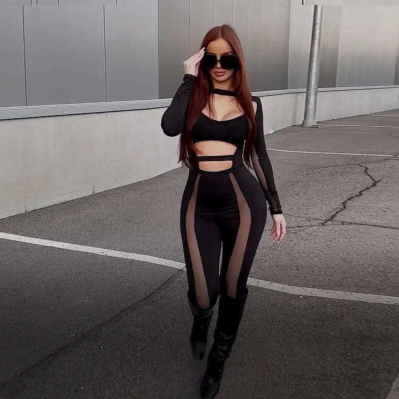 Free shipping Custom Wholesale Lady Jumpsuit Women Cut Out Sexy See Through Jumpsuit Mesh Breathable Bodycon Black Jumpsuits