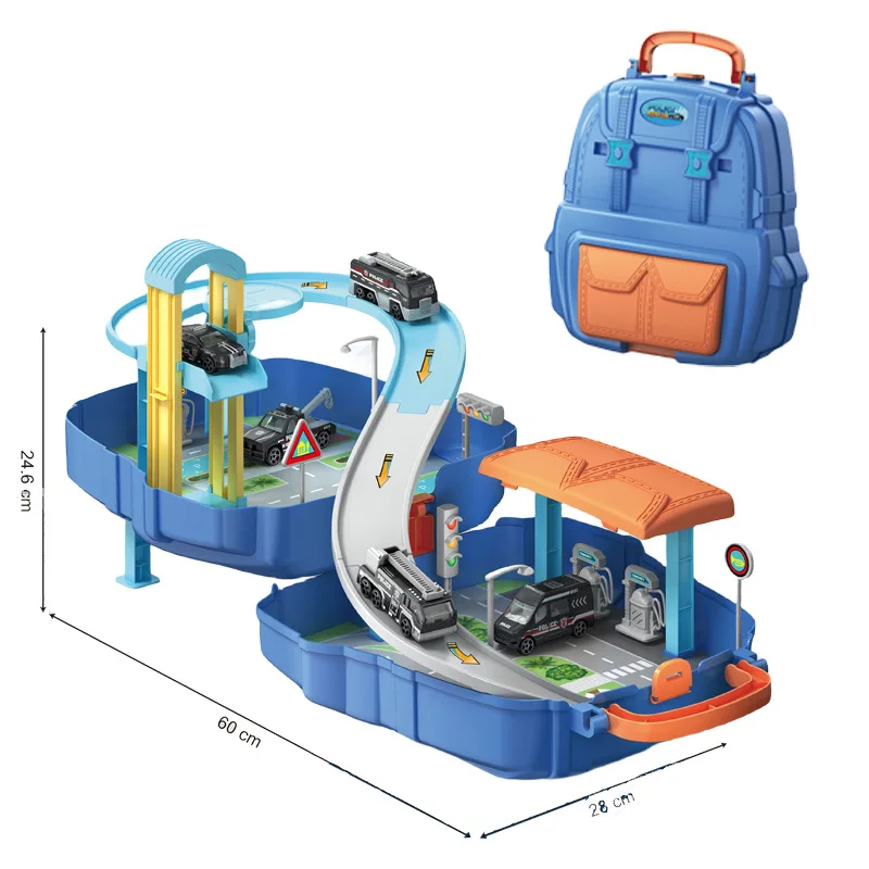 DIY Puzzle Engineering Fire Police Car Racing Set Parking Lot Backpacks Toys Educational Pretend Play Toys