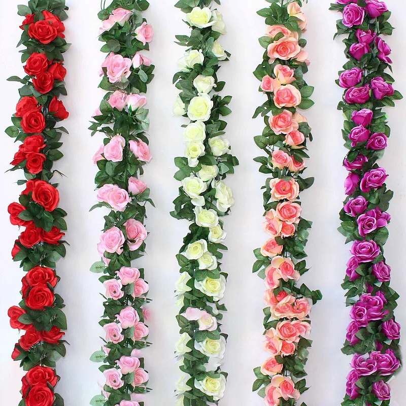 Wholesale cheap close nature plastic silk home outdoor garden wall decorative cherry blossom rose flowers vine artificial plants
