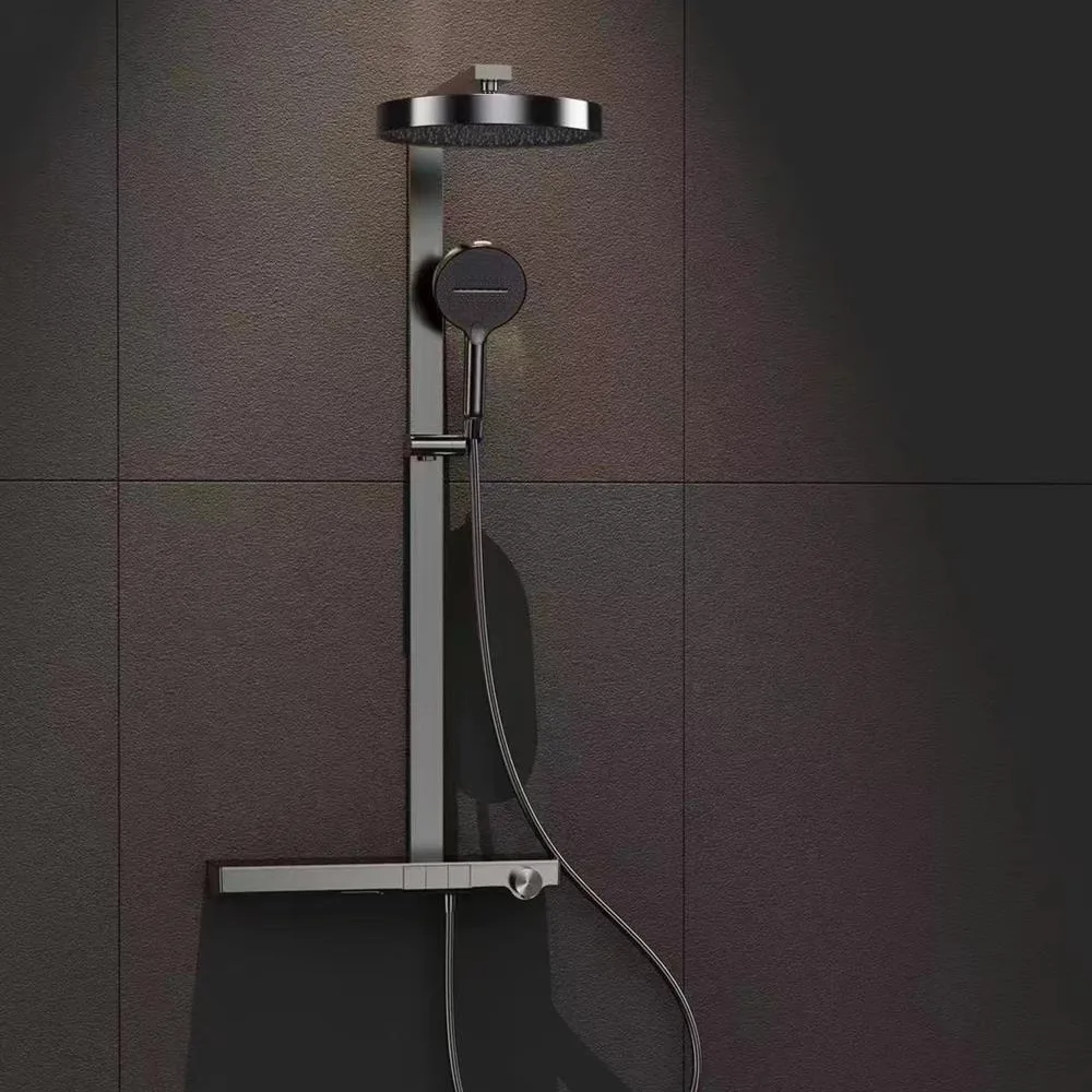 High-End All-Brass Thermostatic Shower Suite Polished Glass Storage Table Three-Position Button Switch Ceramic Valve Core Big