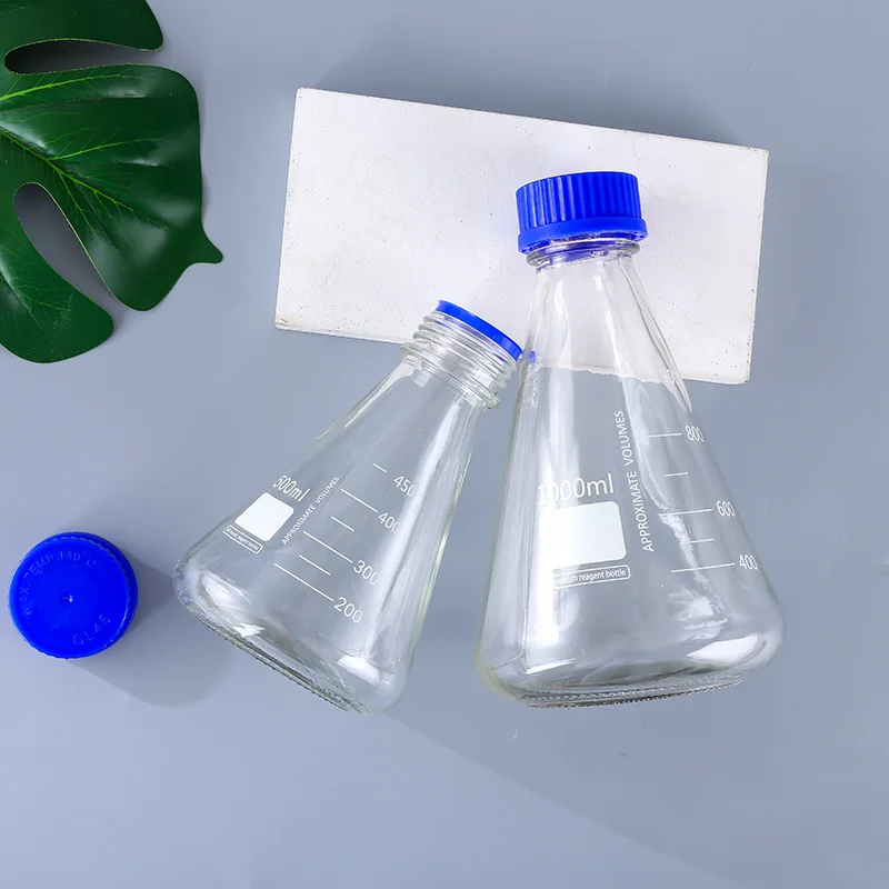 High quality 500ml 1000ml clear glass flat-bottomed conical laboratory flask 1L chemical reagent bottle with blue screw cap