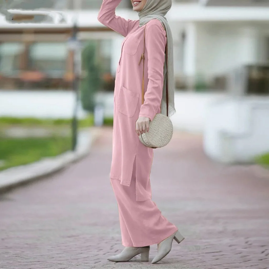 EID Long-sleeved Shirt Trousers Suit Solid Color 2Pcs/set Crew Neck Eid Modest Abaya Dubai 2024 Clothing Set Muslim Women Dress
