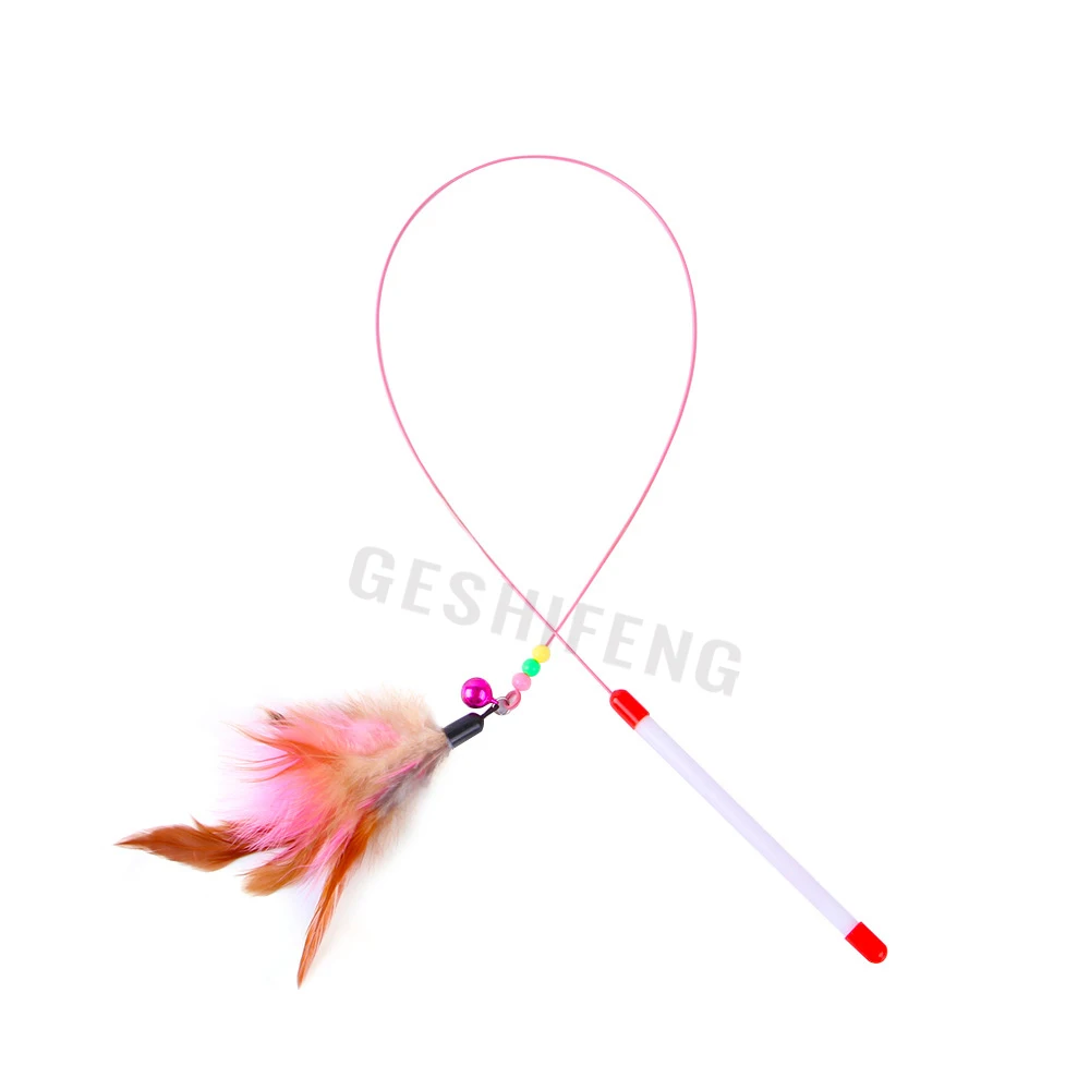 Geshifeng wholesale Interactive feather toy cat teaser stick with bell pet tail shape wire collar feather cat stick