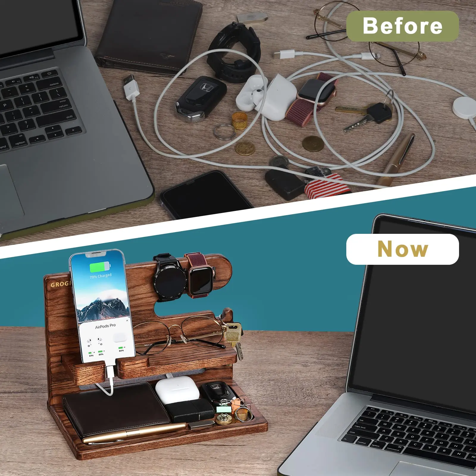 Walnut Phone Docking Station - Handmade Nightstand Organizer, Desk Organizer - Birthday, Anniversary, Christmas Gifts