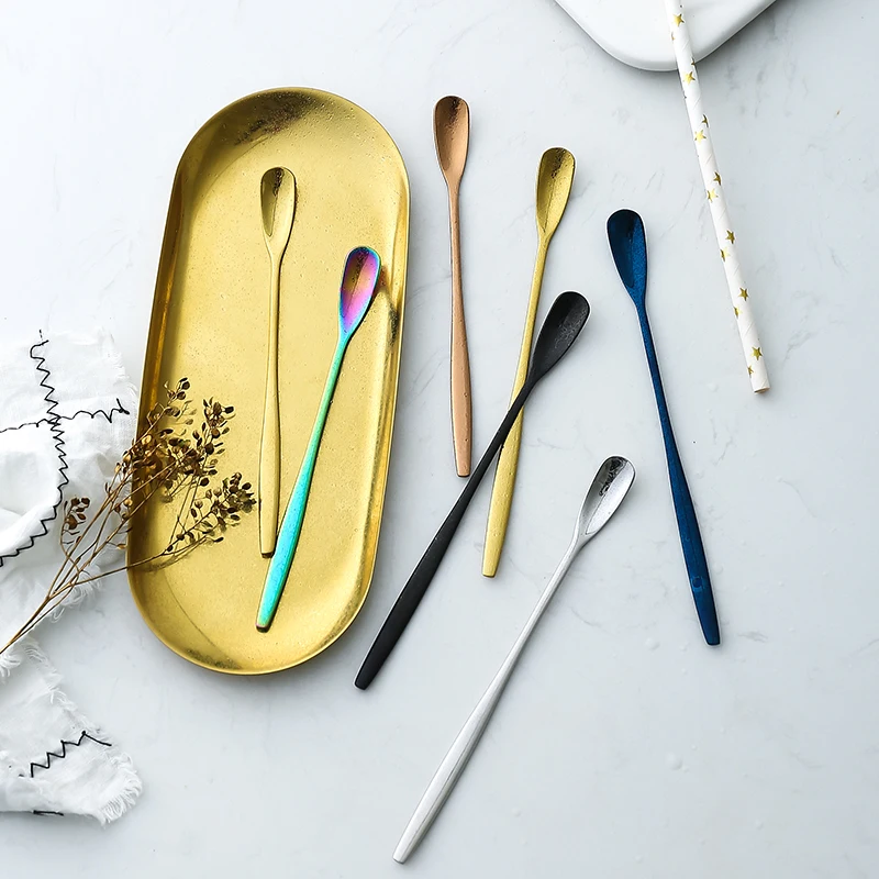 Melon seed design mixing spoon stainless steel short and long handle metal stirring spoon
