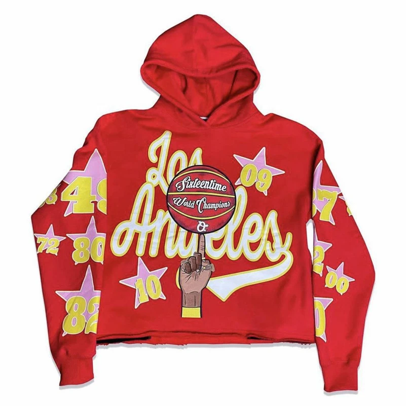 Custom Manufacturer No Strings Streetwear With And Heavy Cotton Rhinestone Men 3D Vintage Puff Printing Raw Hem Cut Edge Hoodie