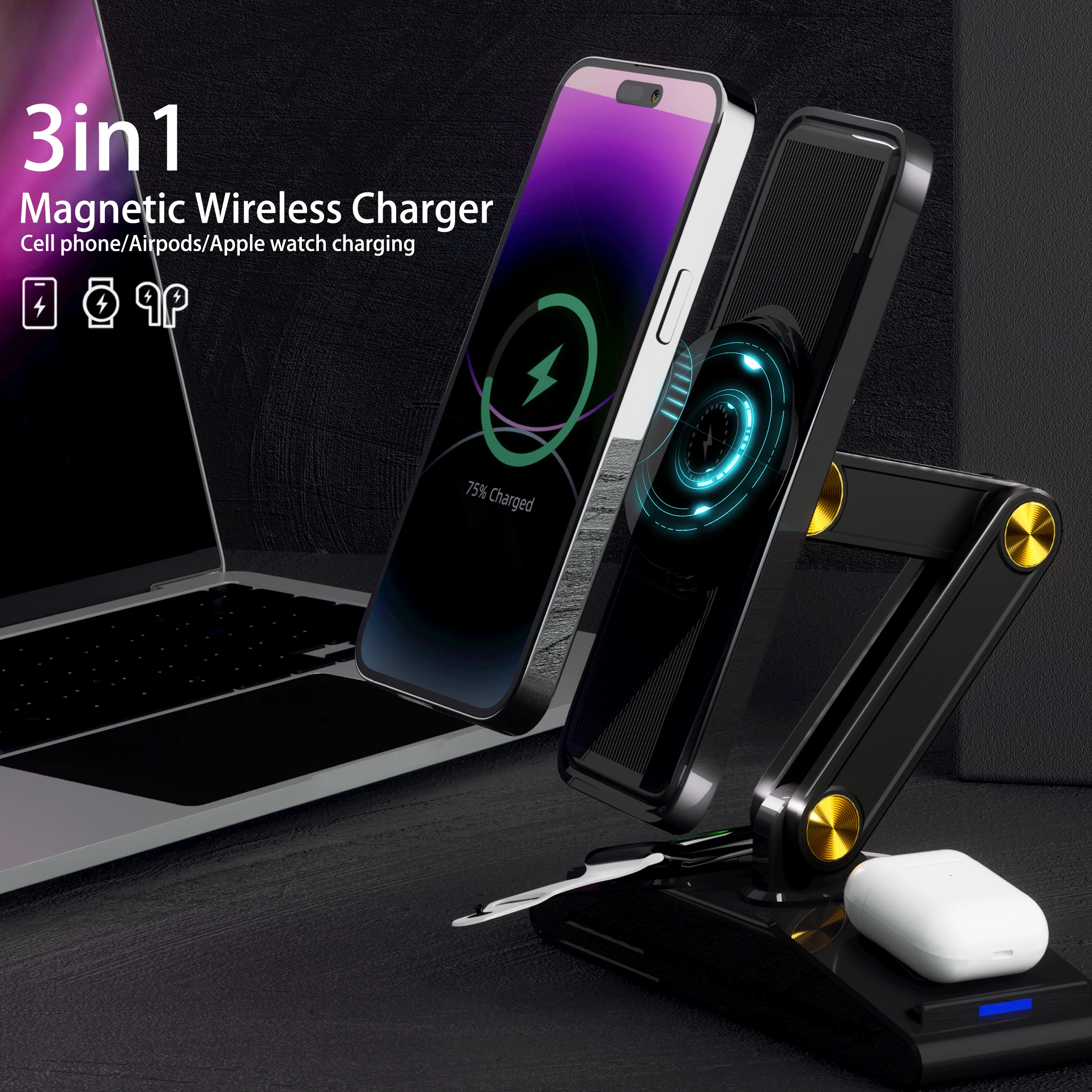 2023 Newest 15W 3 In 1 Magnetic Wireless Charger  Hot Sell 3 in 1 Wireless Fast Charger For Phone For Watch For earphone
