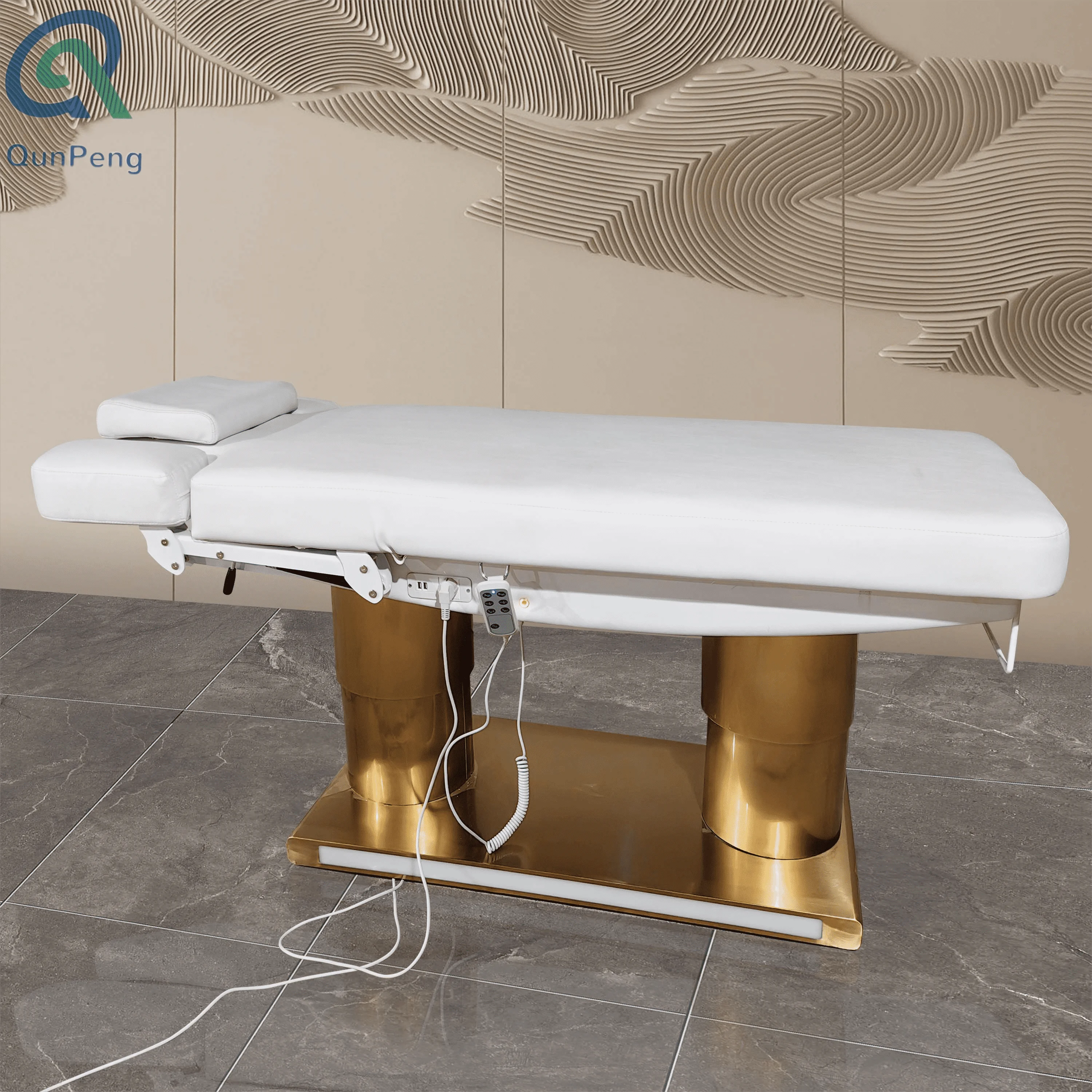 Qunpeng 2023 New  Hot Sale gold base spa bed cosmetic curved electric massage table with Led light medical lash extension bed
