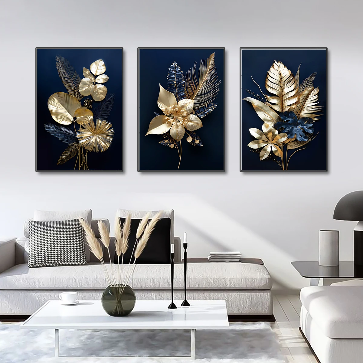 Original Blue And Gold Canvas Painting Abstract Leaves Canvas Posters And Pictures For Wall Art Decor