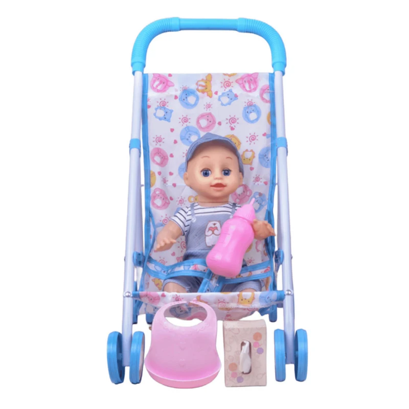 Children toys funny mini silicone baby doll set 14 inch boy doll with stroller for kids