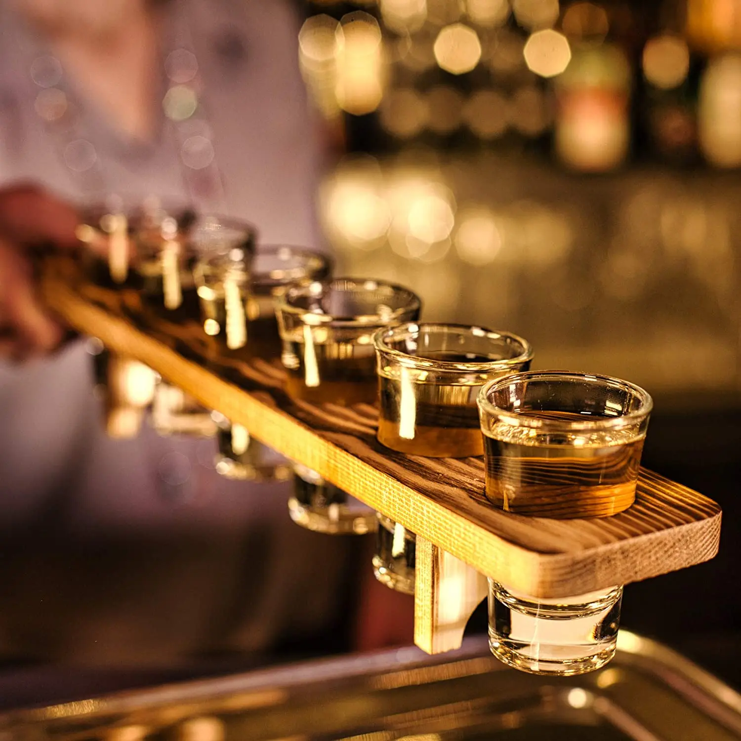 1.5oz/45ml Unique Rustic Wooden Holder Heavy Base Shot Glass for Whisky Tequila with Serving Tray