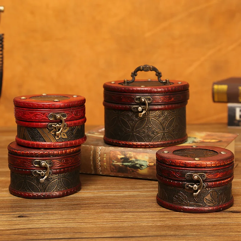 Retro Hand Jewelry Storage Box Lipstick Wooden Box Jewelry Box Gift Wooden Round Antique Dressing Table Cosmetic Case