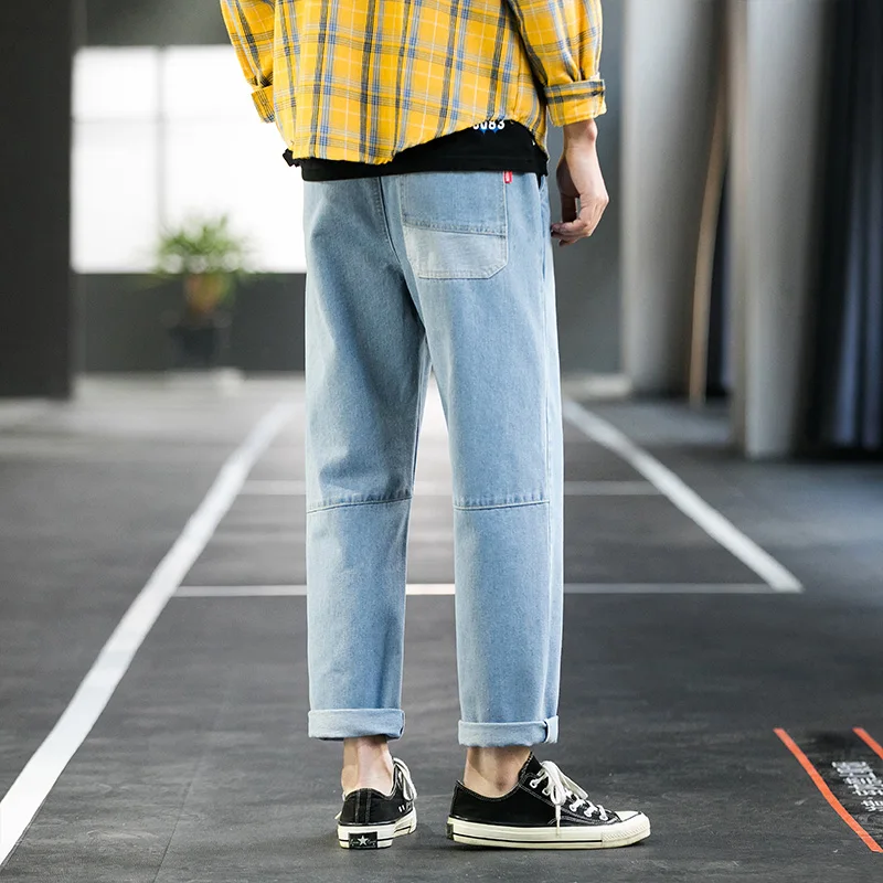 
2020 Custom LOGO stylish denim jeans blue loose cotton straight men pants 