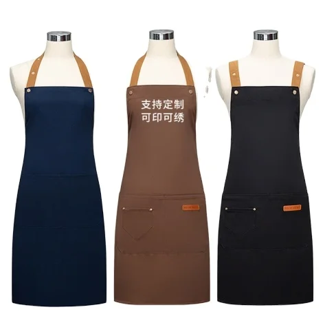 Custom Restaurant Kitchen Women  Cooking Chef Barista polyester Linen Apron Dress With Pocket waitress salon apron