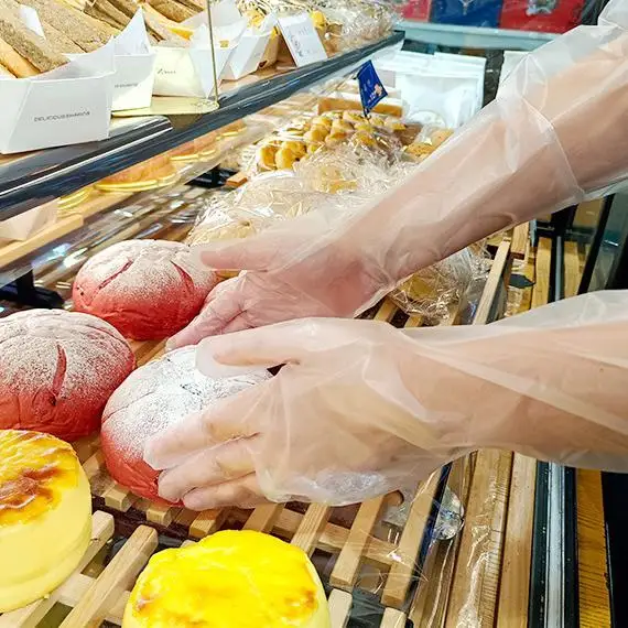 Kitchen CPE Food Grade Long Arm Gloves Extended Disposable Elastic Drawstring Gloves for Household Use