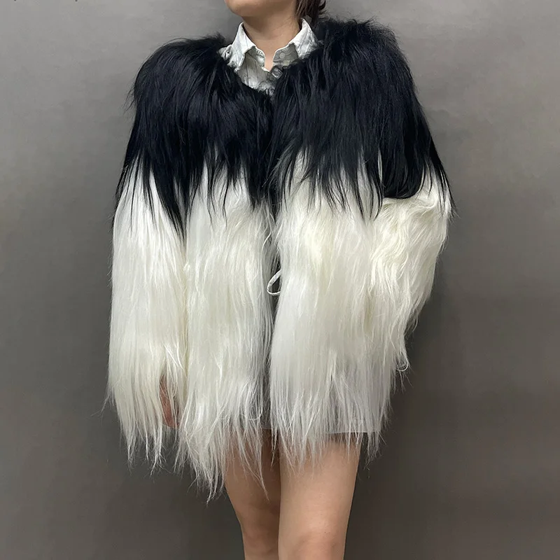 New Coming Black White Long Hair Fur Coat Women Stylish Goat Fur Coat