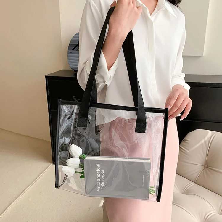 Custom Logo  Large Capacity Transparent Plastic Bag Women  Shoulder Bag Portable Shopping Bag