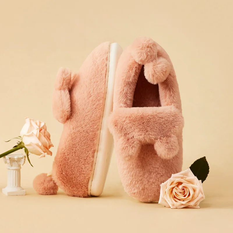 Women Winter Home Plush Slippers Lady Female Cute Cartoon Non-slip Warm Cotton Fur Slippers Indoor Floor Shoes