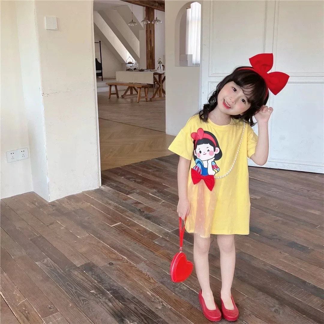 Princess Dress Little Girl Summer Short Sleeve Cute cartoon T-shirt skirt Baby casual long skirt bow style pearl gauze skirt