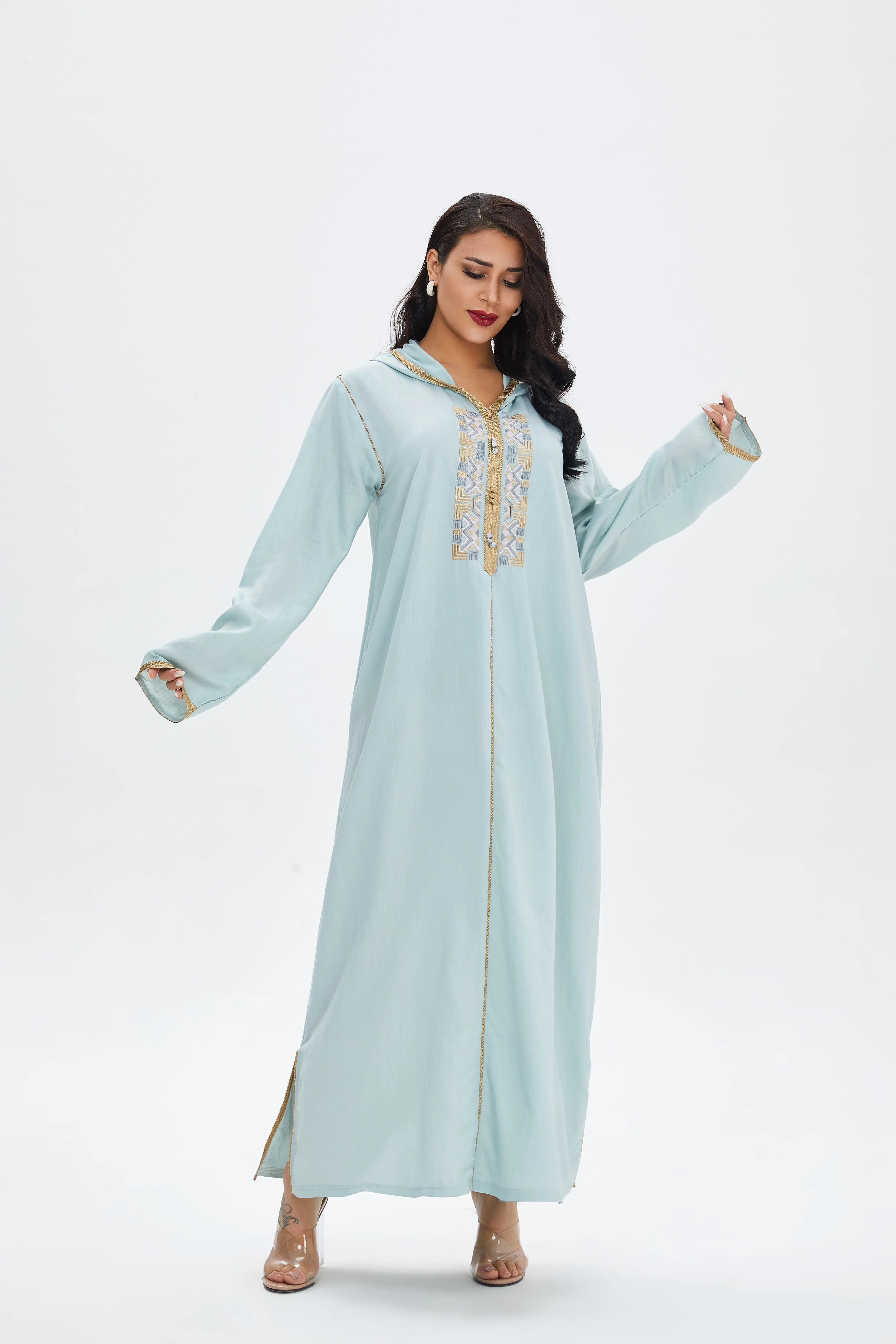 
2021 New arrival embroidery long sleeve hoodie casual robe muslim kaftan dubai moroccan dress islamic islam clothing 