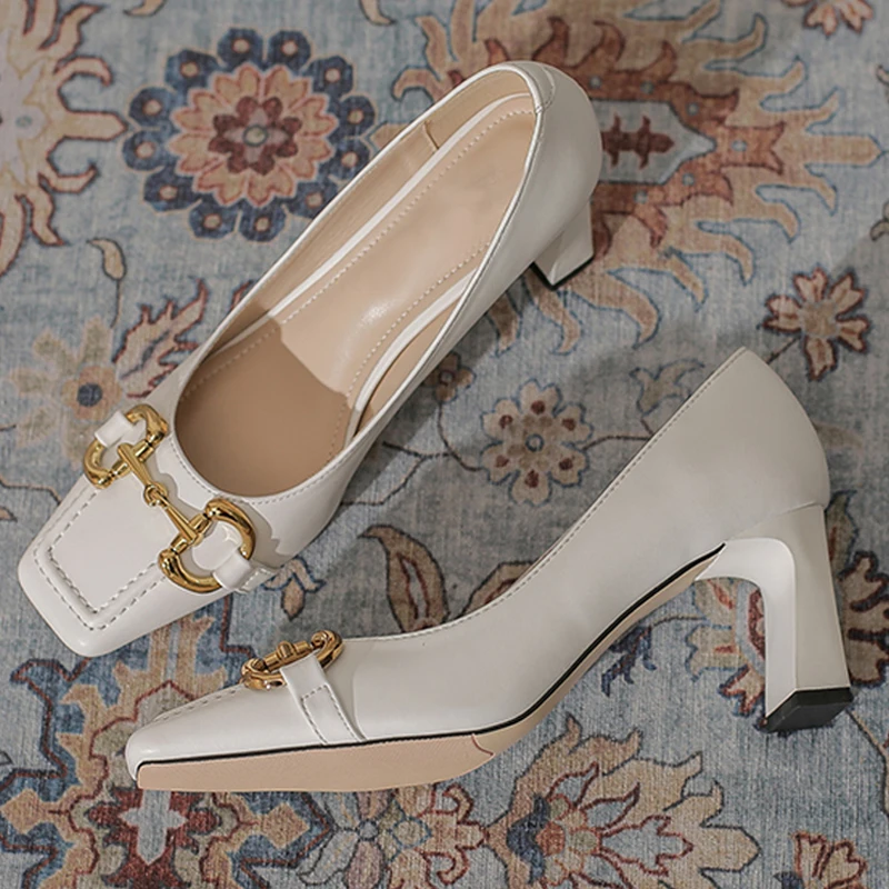 2022 New High Quality Women Pumps Metal Chain Decoration Sexy Shallow Square Toe Female Office High Heels Shoe