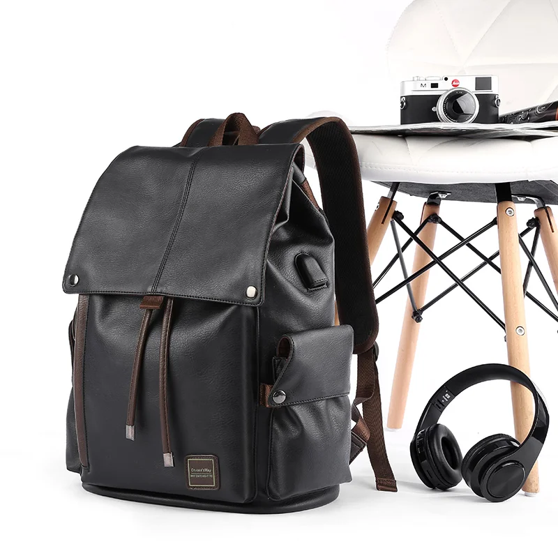 Custom Logo PU Leather Laptop Backpack Black Leather Bags Men Business Computer Backpack for Men