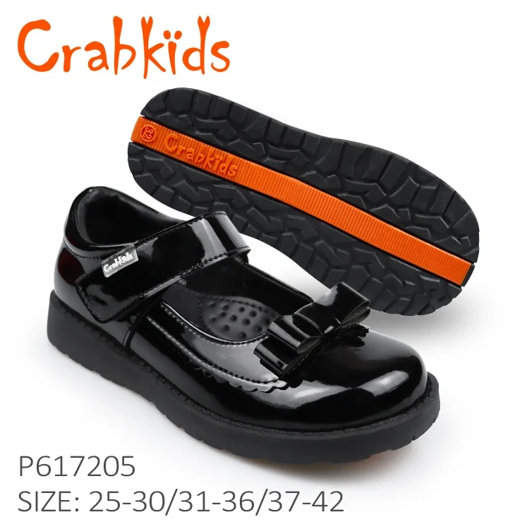 Crabkids Factory Wholesale Black Shying Leather School Shoes for Girls