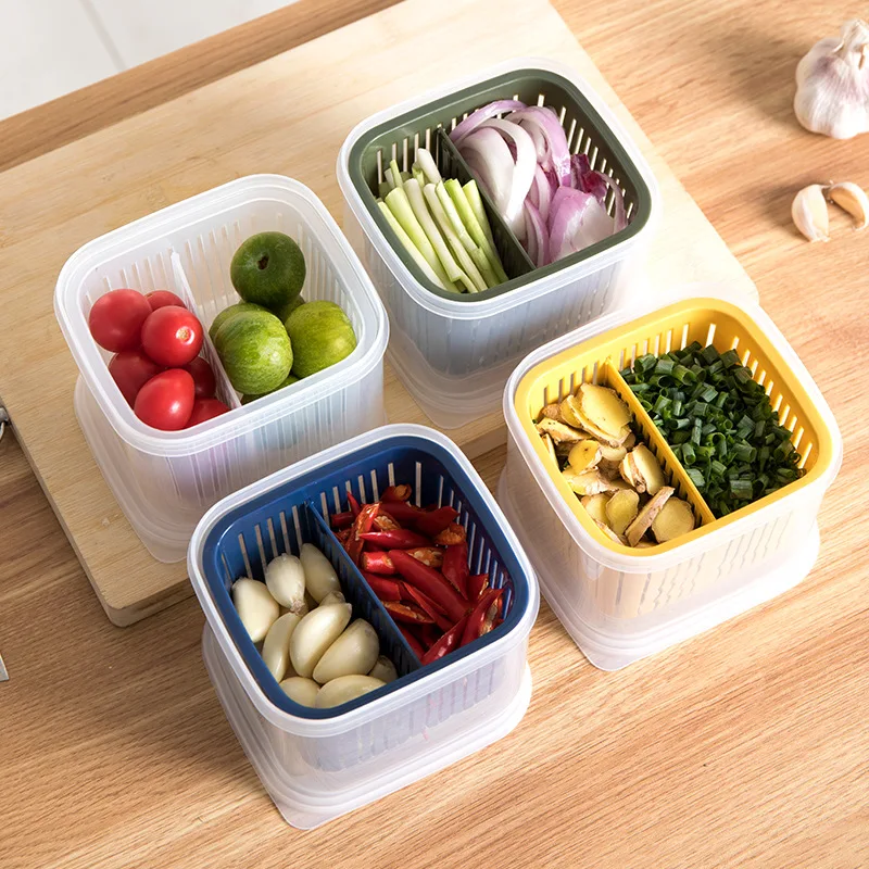 Plastic Split Scallion Kitchen Refrigerator Fresh Keeping Box Drain Ginger Garlic Storage Box with divider