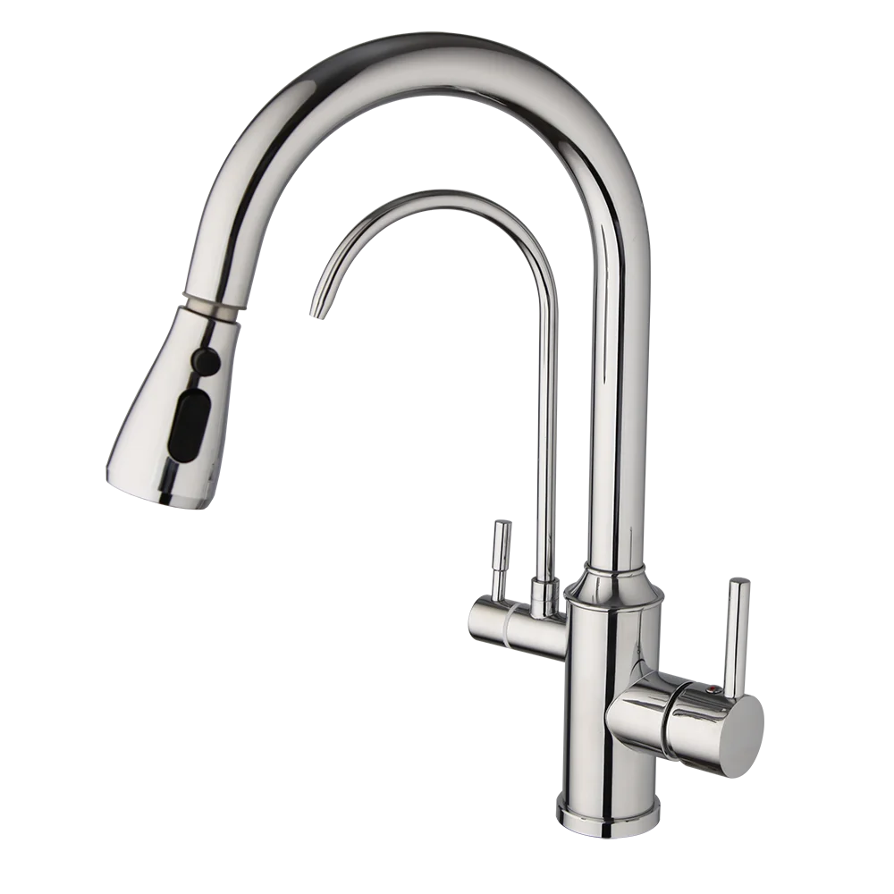 Silver Kitchen Water Purifier Faucet Double Handle Hot and Cold Mixer Taps Deck Mounted