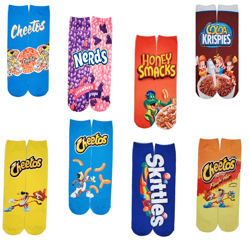 Wholesale Skittles Cheetos Potato Chips Puffed Food Tube Long Stockings 3d Thermal Transfer Printed Socks