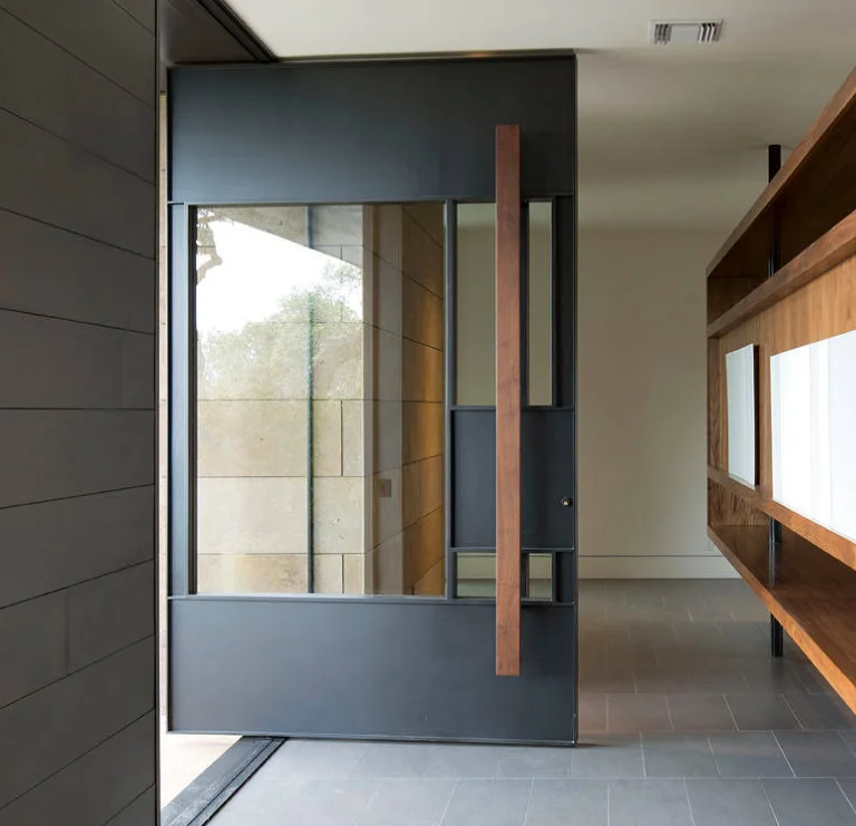 Modern style pivot steel door aluminum alloy rotatable entrance front doors with smart door lock