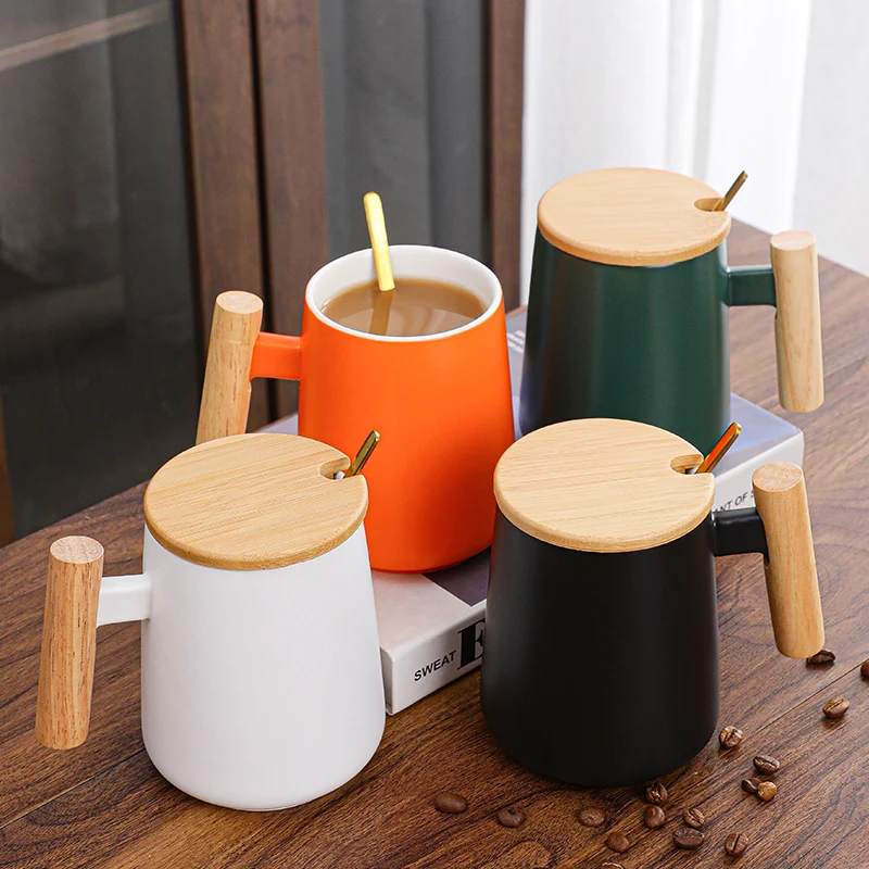 Wholesale Nordic Porcelain Tea Cup Custom Logo Printed Ceramic Coffee Mug With Wooden Handle Bamboo Lid  Spoon