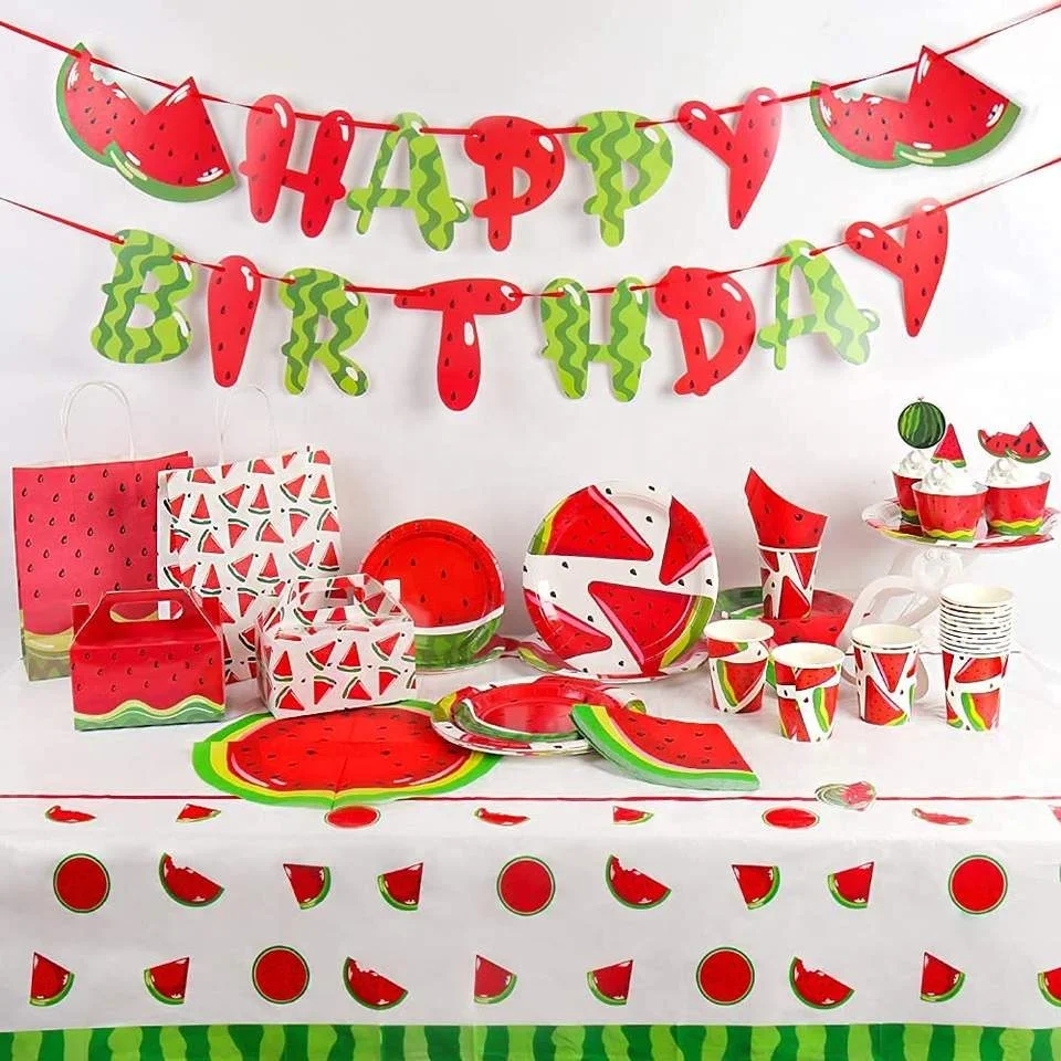 PAFU 16 pcs Watermelon Birthday Party Decorations Favors Disposable Dessert Dinnerware Plates Cups Bags Banner Set Supplies