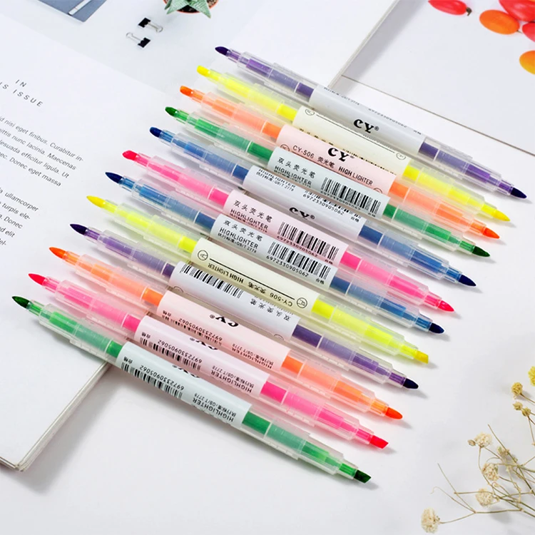 Transparent Plastic Pen Holder with Double Nibs Highlighters Set Custom Office Stationery for School Supply