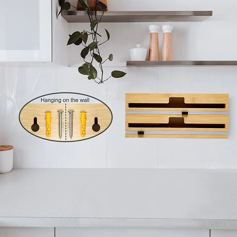 2 in 1 Kitchen Bamboo Wood Tin Foil Wax Paper Roll Plastic Cling Wrap Paper Aluminum Tin Foil Cutter Dispenser