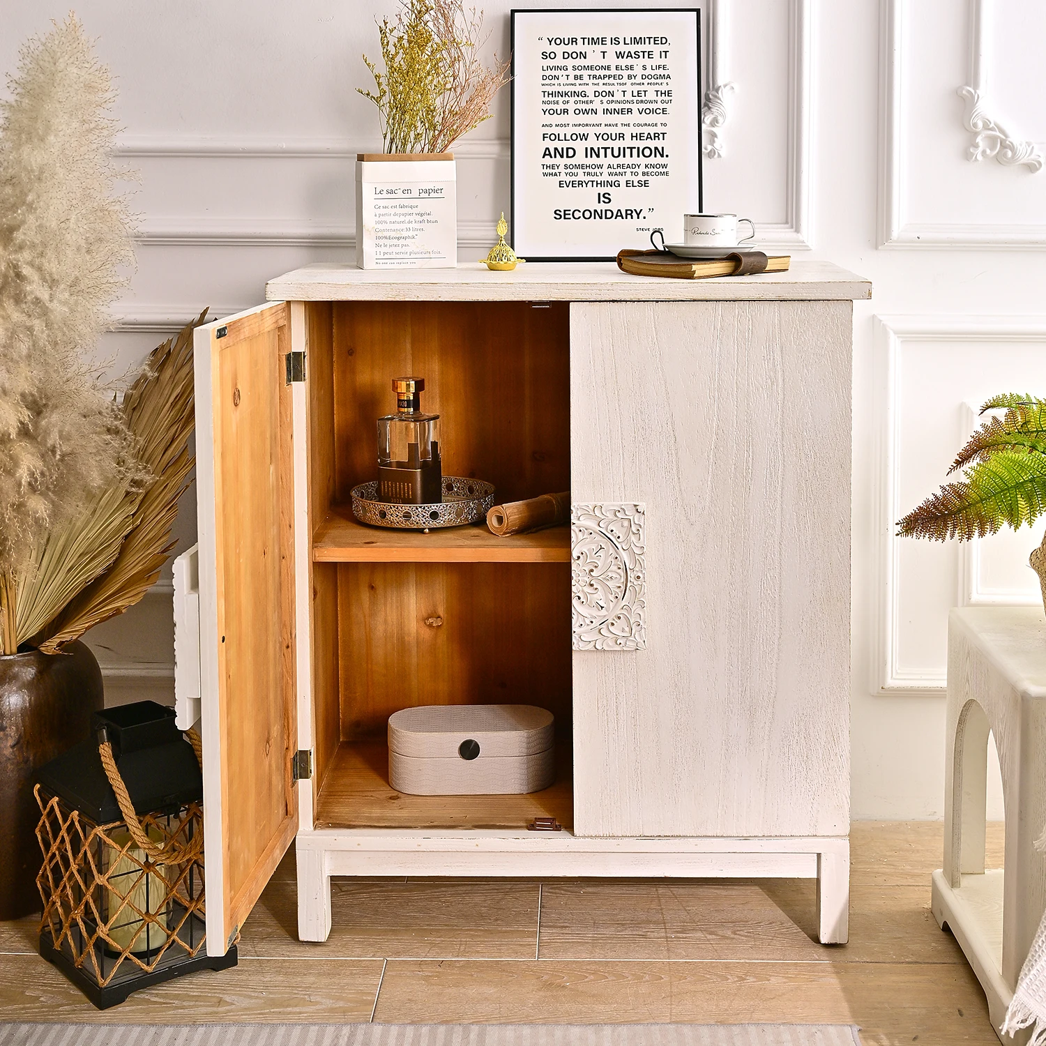 INNOVA Home Custom Rustic Solid Wooden Cabinet European Kitchen Sideboard Farmhouse Hotel White Color Living Room Entrance
