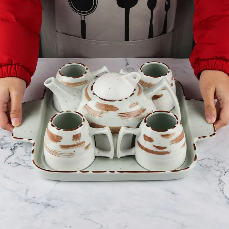 Restaurant Hotel Ceramic Tea Pot Cups Set 6Pcs Porcelain Coffee Tea Set with Tray