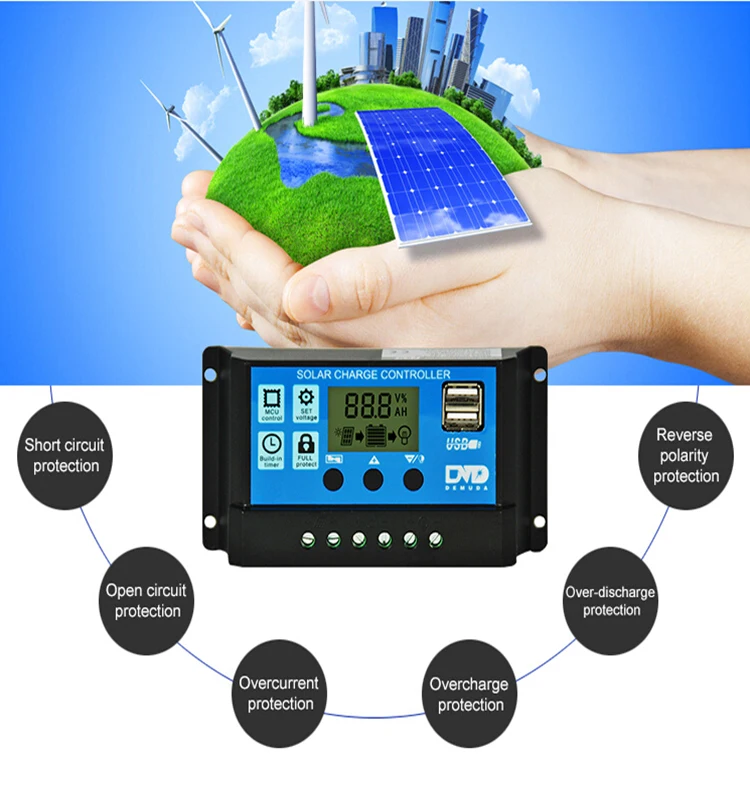 30/20a Solar Charge Controller 12V 24V 36V 48V Regulator with Adjustable LCD Display Dual USB Timer Setting PWM Auto Parameter