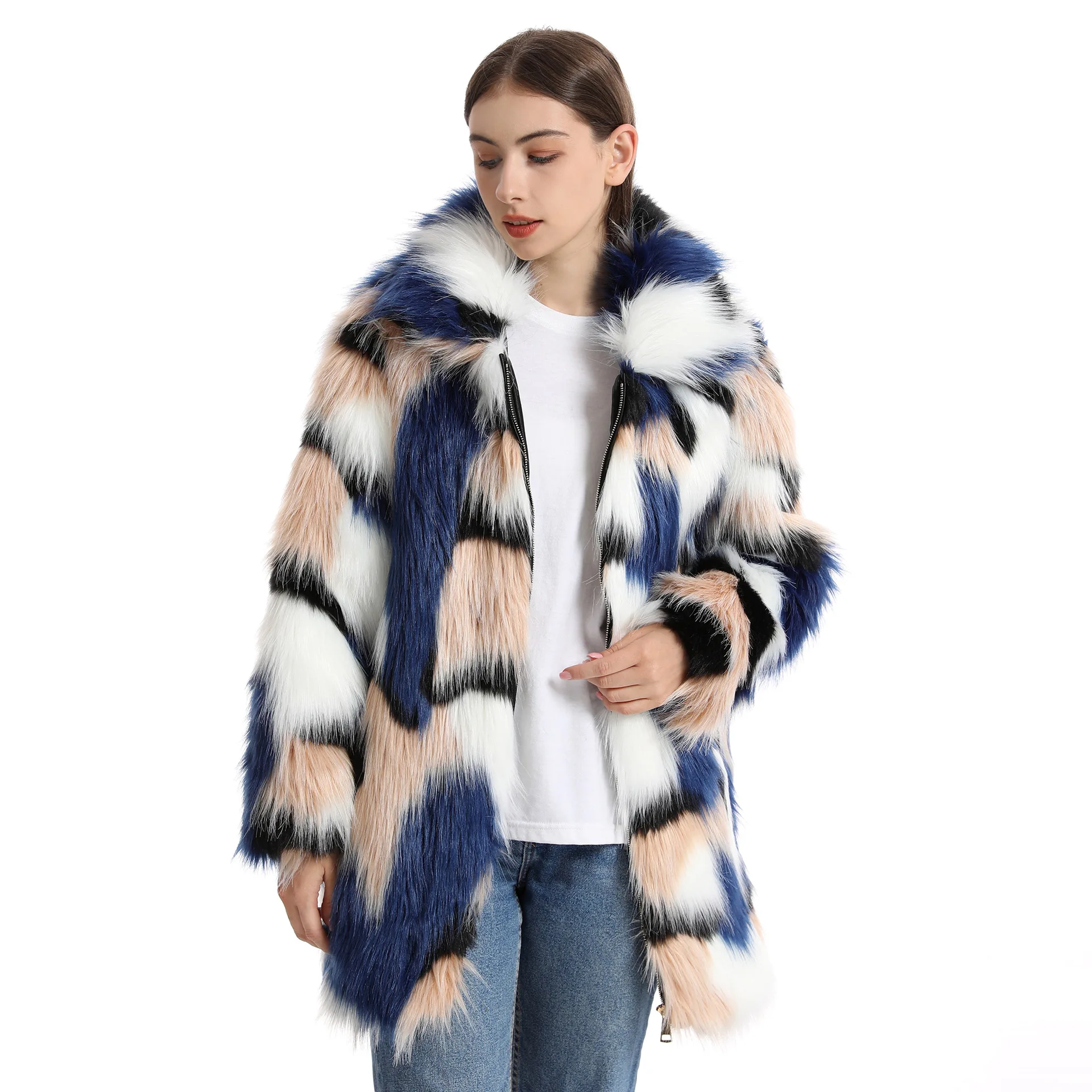 Custom faux fur coat  Wholesale WOMEN HOODED FAUX FUR COAT Colorful  rainbow Elegant Thick Faux Fur Coat