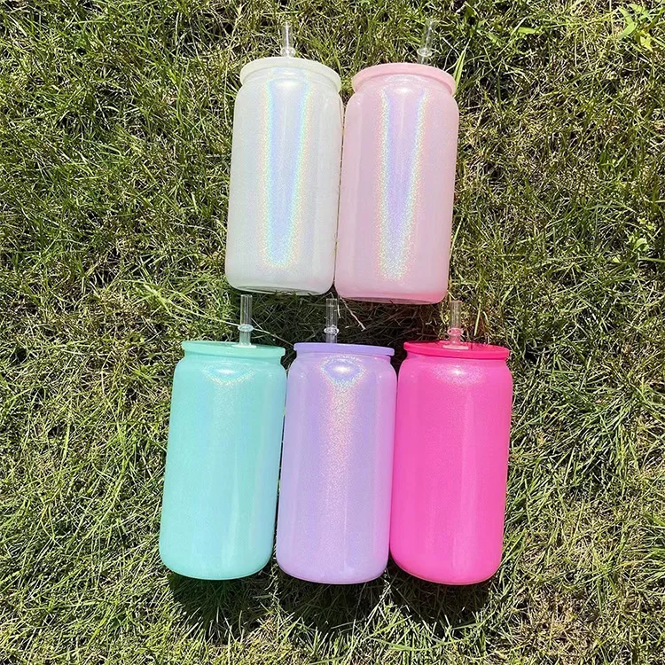 AilinGalaxy US warehouse glass jars 16oz sublimation shimmer glass can cup 16oz with PP lid and straw mix colors
