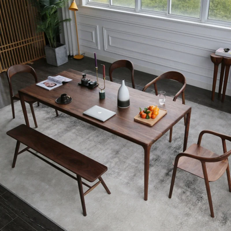 Modern Simple Design American Walnut Color Rectamgle Solid Wood Dinning Table Set 6 Seater