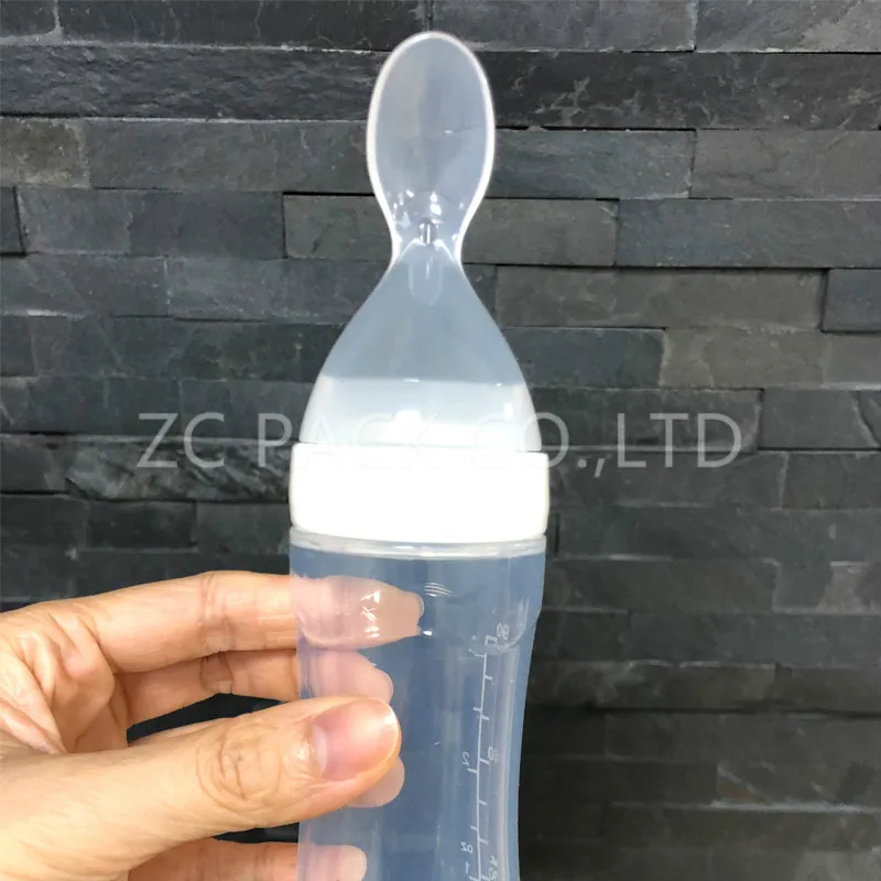 Amazon Hot sale BPA Free Food Grade Silicone Feeder Baby feeding bottle with spoon