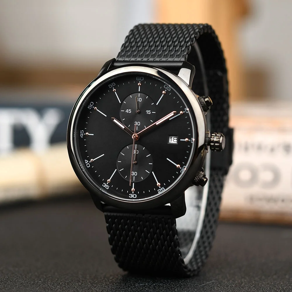 Customized steel mesh band waterproof watch black metal case wristband water resistant 5ATM watches