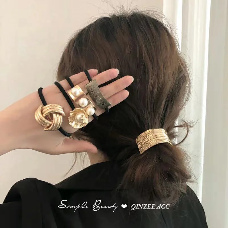 Q&Y Fashion Gold Plating Metal Cuff Band Ponytail Tie Hair Cuff Elastic Wrap Hair Rope Hair Ring for Women Ladies